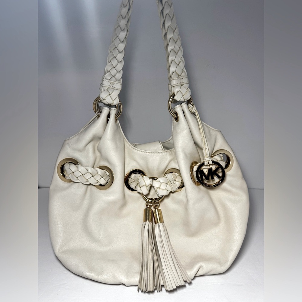 MICHAEL KORS Cream Camden Leather Braided Hobo Shoulder Bag